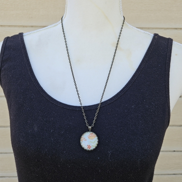 Jewelry - dark brass chain necklace with round pastel flower pendant